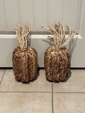 Woven Rattan Pineapple Figure Sculpture Boho Tropical Hand Free Stand Set Of 2 picture
