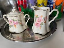 VINTAGE CROOKSVILLE CHINA Large Sugar and Creamer Set , Pink Blooming Flowers picture