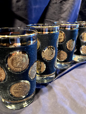 Vintage Mid Century Black Gold Coin Drinking Tumblers LIbbey Textured Set of 4 picture