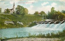 Mayville Wisconsin~Church on Hill Above Upper Dam~Falls~1910 Postcard picture