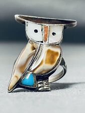 DETAILED AUTHENTIC OLDER VINTAGE ZUNI TURQUOISE OWL STERLING SILVER RING picture