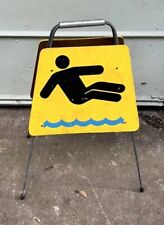 Vintage CAUTION Slippery Wet Yellow Double Sided Walton March Sign Great 4 Pool picture