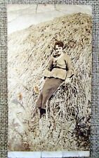 Antique 1919 Photograph - Woman in Pretty Outfit leaning on Hay Straw Old Photo  picture