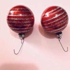 Vintage Hand Blown Glass Red Glitter Stripe Christmas Ornament 3” Antique picture