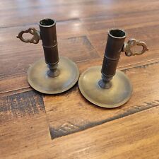 Pair of vintage brass skultuna style candlestick holders push up for desk c1850s picture