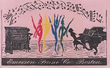 Emerson Piano Co Boston pink trade card w wild colorful dancing creatures c1890 picture