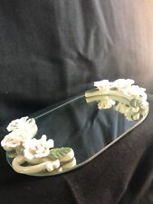 Vintage Mirror Vanity Tray with White Raised Porcelain Roses 14x9” picture