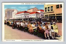 St Petersburg FL-Florida, Enjoying The Famous Green Benches, Vintage Postcard picture