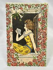 Artist Xavier Sager | Art Deco Elegant | Woman At Window w Roses | Rare | 1910s picture