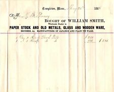 Vintage 1868 BILL HEAD*WILLIAM SMITH*Paper Stock*Metals*Glass*Templeton MA (M19) picture