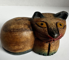Vintage Wooden Hand Painted Hand Carved Sitting Cute Cat Figurine 4.5” picture