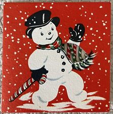 Unused Christmas Snowman Black Hat Candy Cane Gloves Greeting Card 1950s 1960s picture