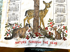 Vintage 1975 Linen Calendar Dish Towel, Nature Through The Year Owl Deer Recoom picture