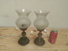 Set 2 vintage Plate tin table lamps lights sconces with worked glass lampshades picture