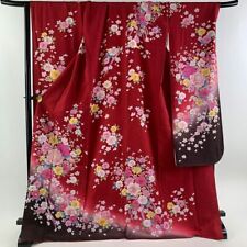 68.1inc Japanese Kimono SILK FURISODE Flowers Foil Red picture