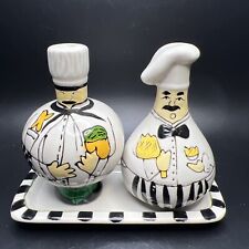 Chubby Ceramic Chef Salt Pepper Shakers With Plastic Stoppers & Plate picture