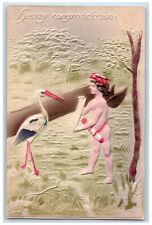 1908 Hearty Congratulations Angel Bare Butt Stork Airbrushed Embossed Postcard picture