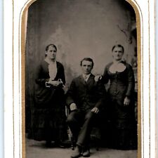 c1860s Sharp Young Man w/ Women Girls Tintype Real Photo Paper Border H40 picture