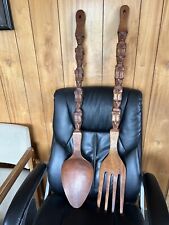Vintage Large Hand Carved Wooden Fork & Spoon Wall Decor 41” Wood Tiki Totem picture