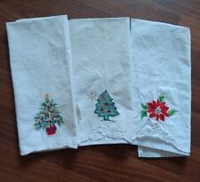 Beautiful Vintage Christmas Tree Poinsettia Tea Towels Set of 3 Embroidered  picture