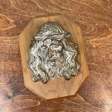 Wonderful Antique Brass Jesus Christ  Wall Plaque Head of Thorns on Wooden Board picture