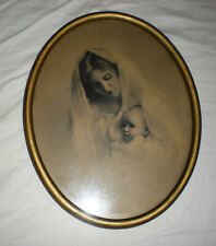 ANTIQUE VINTAGE MADONNA AND CHILD PRINT OVAL WOODEN FRAME picture