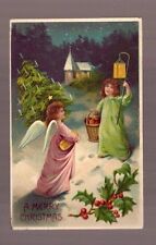 1908 MERRY CHRISTMAS POSTCARD LITTLE GIRL ANGEL TREE CHURCH STAR German Nebraska picture