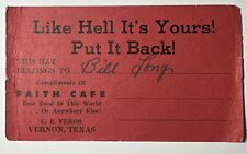 Vtg VERNON TEXAS funny Hat Check Ticket Card FAITH CAFE restaurant picture