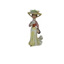 VTG Bisque Porcelain 5” Victorian Lady Woman Yellow Floral Hat Purse Figurine picture