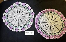 2 Vintage Purple Floral Crocheted Doilies 12x12 picture