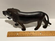 Vintage Hand Carved Ebony Wood Roaring Lion Figurine 8” picture