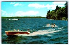 Classic Wooden Speed Boat Pulling Skiers on an Unknown Lake GR Brown Co Postcard picture