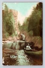 Hand Colored RPPC Man in Canoe Missisquoi River Great Falls Troy VT Postcard picture