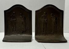 Vintage 1928 The Angelus Call to Prayer Bronze Plated Cast Iron Bookends Farmers picture