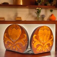 Vintage Handcrafted MCM Pair Wooden Bookends Floral Design Home Decor Boho picture