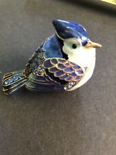 Vintage Baby Blue Bird Jay Trinket Box Enamel Crystals Magnetic Closure picture