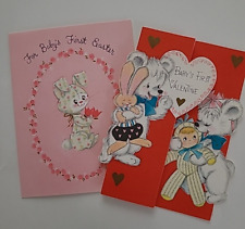 2 Vtg 1962 BABY FIRST VALENTINE & BABY FIRST EASTER w Fuzzy BUNNY Hallmark CARDS picture