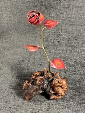 Vtg MCM Brutalist Small Red Rose Metal Sculpture Figurine on Driftwood Stand picture