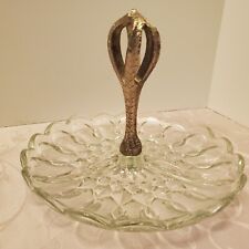 Vintage Mid-Century Glass Divided Serving Dish w/Metal Gold-Tone Handle  picture