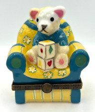 Vintage Bloomingdales Porcelain Teddy Bear w/Blocks Hinged Trinket Box Limited picture