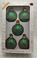 5 VTG Unique Treasure Had Crafted Glass Ornament Xmas Green W Gold Glitter  picture