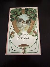 Happy New Year Postcard Gold Horseshoe Shamrocks Art Deco Toadstools   picture