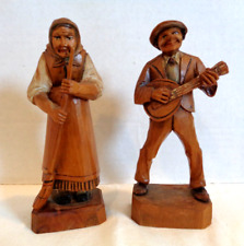 Vintage Hand Carved Wooden Peasant Woman + Man w/ Mandolin Sculpture Figurine picture