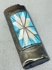 HYPNOTIC VINTAGE NAVAJO INLAY TURQUOISE MOTHER OF PEARL SILVER LIGHTER CASE picture