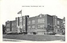 Platteville Wisconsin~High School~Street Corner View~Flag~Brick~1940s B&W PC picture
