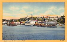 Mackinac Island MI-Michigan, Dock Scene Harbor Ship Skyline Vtg Postcard D15 picture