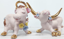 Vintage Napco Bisque, Pair of Holy Cow Figurines with Gold and Flower Accents picture