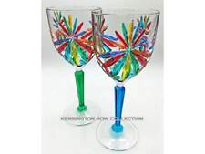 SORRENTO WINE GLASS PAIR - TURQUOISE AND GREEN - HAND PAINTED VENETIAN GLASS picture