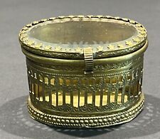 Antique French Small Gold Gilt Metal Round Jewelry Ring Trinket Box Beveled Top picture