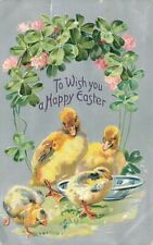 c1910 Raphael Tuck Chicks Feeding Bowl Clover Series 112 Embossed Easter P283 picture